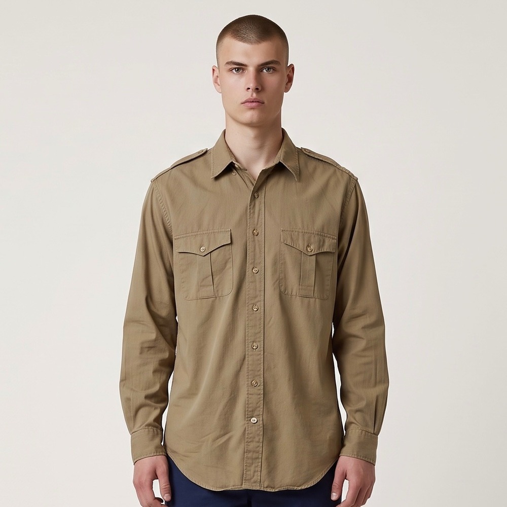 Vintage 90s Polo Ralph Lauren Mens Large Safari Twill Field Shirt Khaki Epaulets
